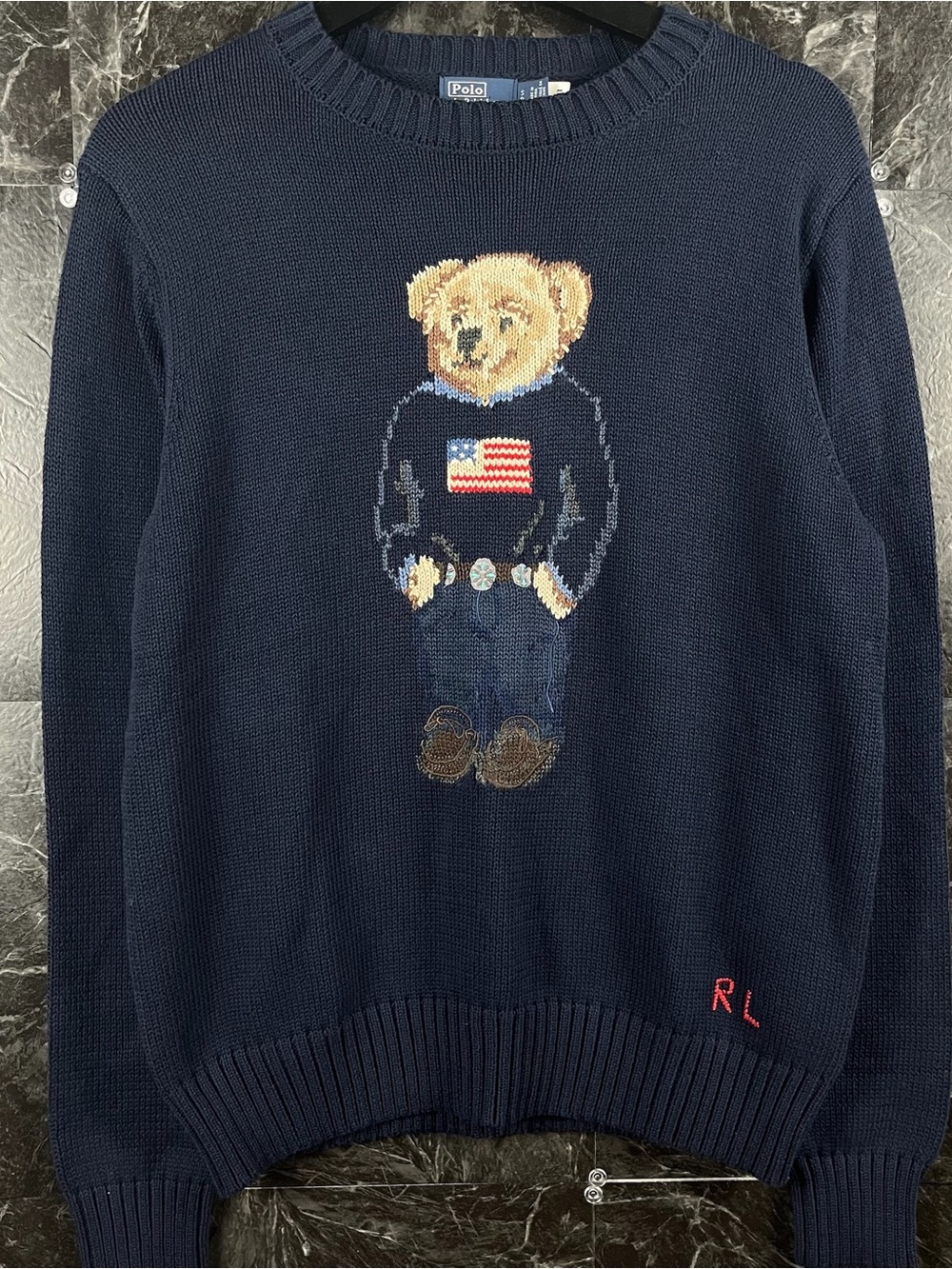 Polo Ralph Lauren Blue USA Polo Bear Knit Sweater Small